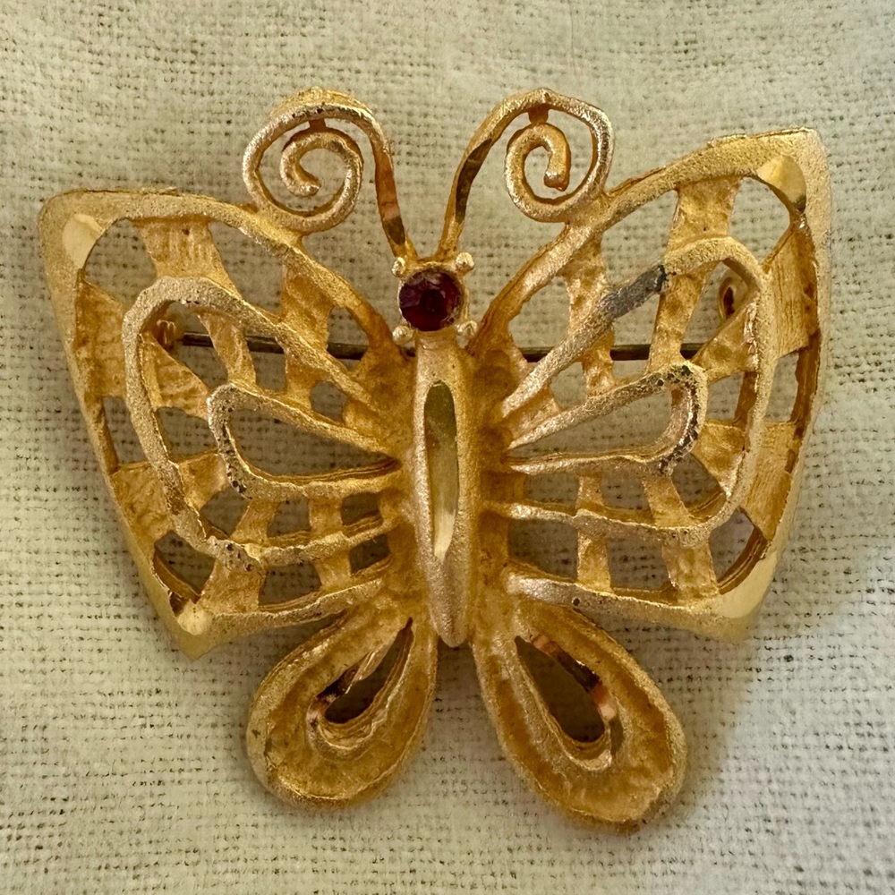 Gold Butterfly Brooch with Red Gem Vintage